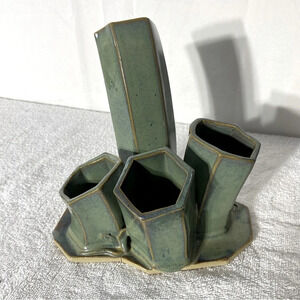 Vintage Handmade  Green Ceramic Pottery Vase Art